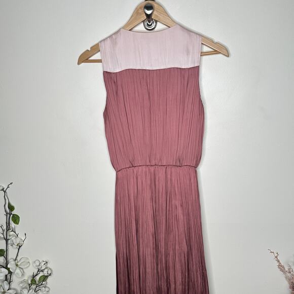 MASSIMO DUTTI Satin Pleated Colorblock Maxi Dress Maroon Red Pink Sz S {3O28} - Picture 4 of 7